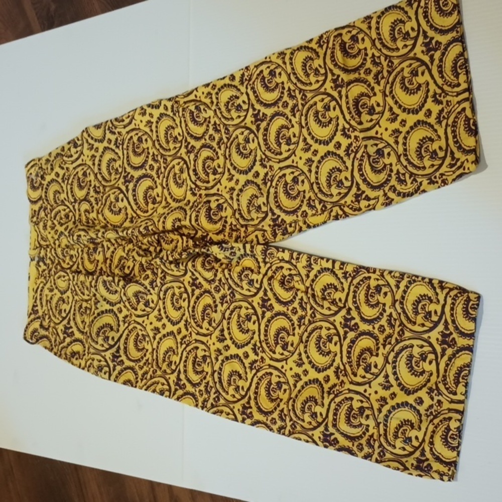 LetMeBe Anthropologie Yellow Blue Pattern Wide Straight Leg Cropped Trouser A12